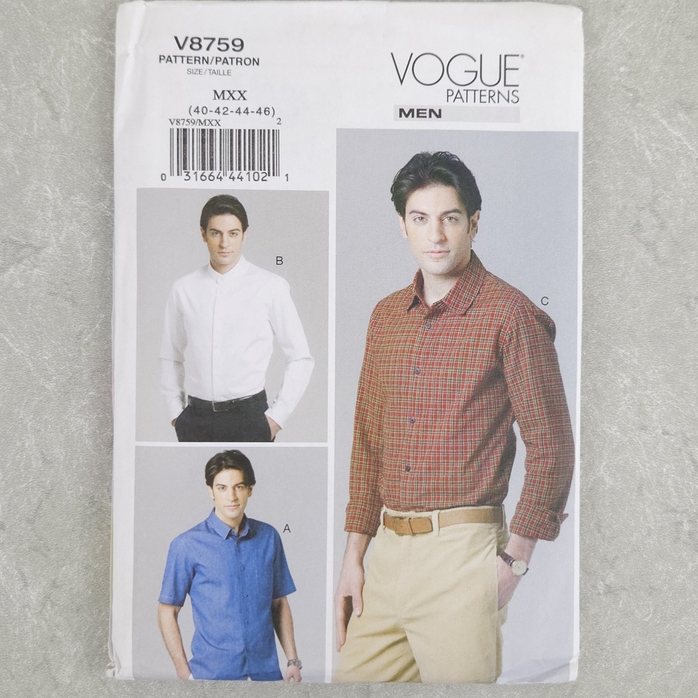 Vogue V8759 Men Fitted Shirt Button Sewing Pattern Classic Office Preppy 40-46